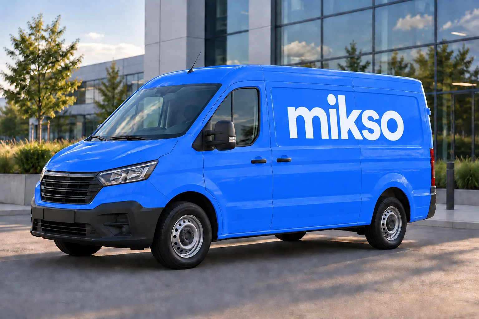 Utilitaire Mikso bleu floqué, garé devant un immeuble de bureaux