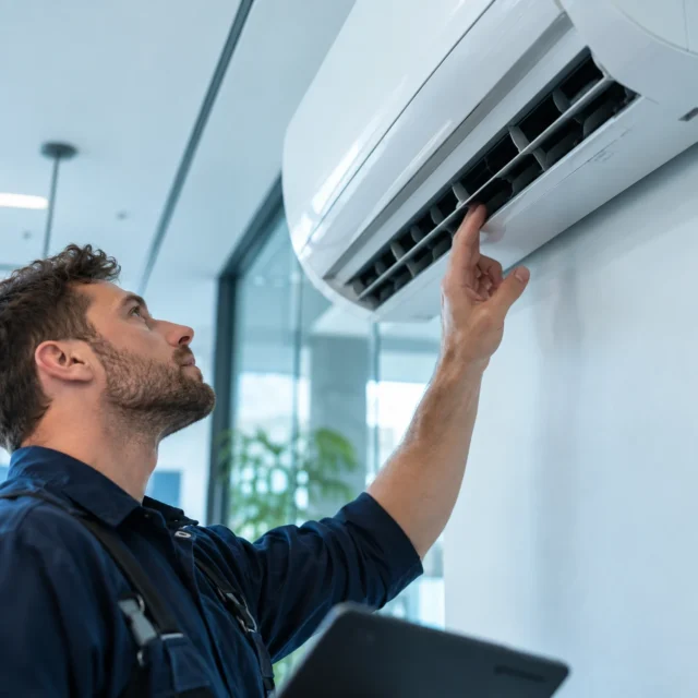 Technicien contrôlant une unité de climatisation murale