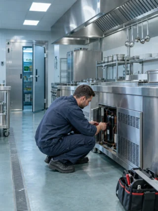 Technicien réparant un meuble froid en cuisine professionnelle