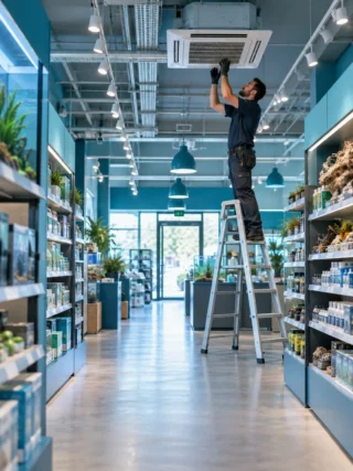 Technicien intervenant sur un plafonnier dans un magasin
